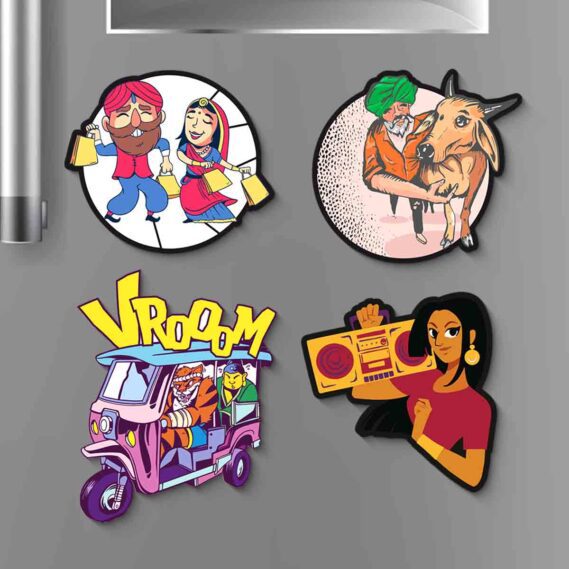 Indian Themed Fridge Magnets Cartoon Magnets for Fridge (Set of 4 / Size 4x4 inch)